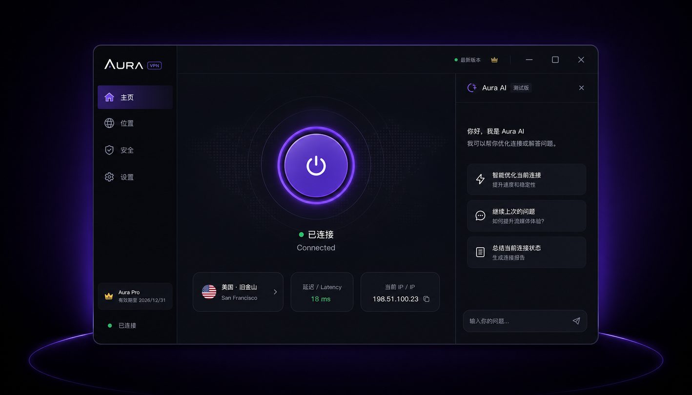 Aura VPN 跨端界面展示与核心功能概览